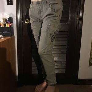 army green womens pants with jewel embellishments